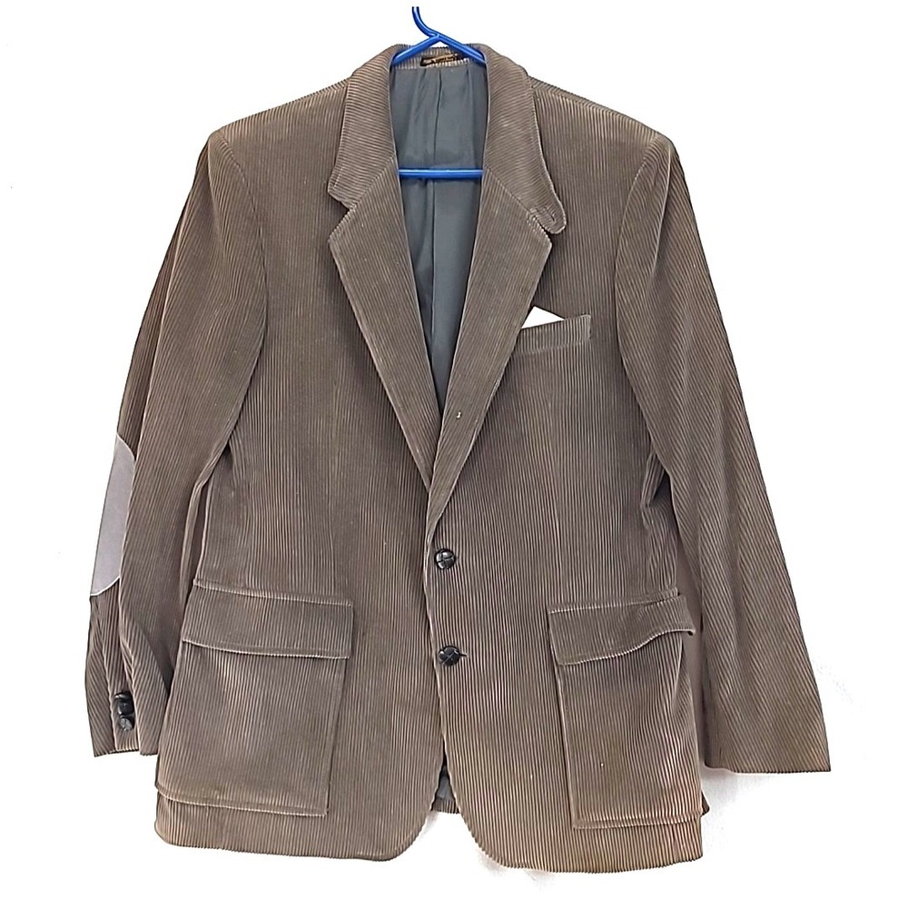Mens Cordouroy Brown Blazer Grey Suede Elbow Patches Pocket Square Sz 42R